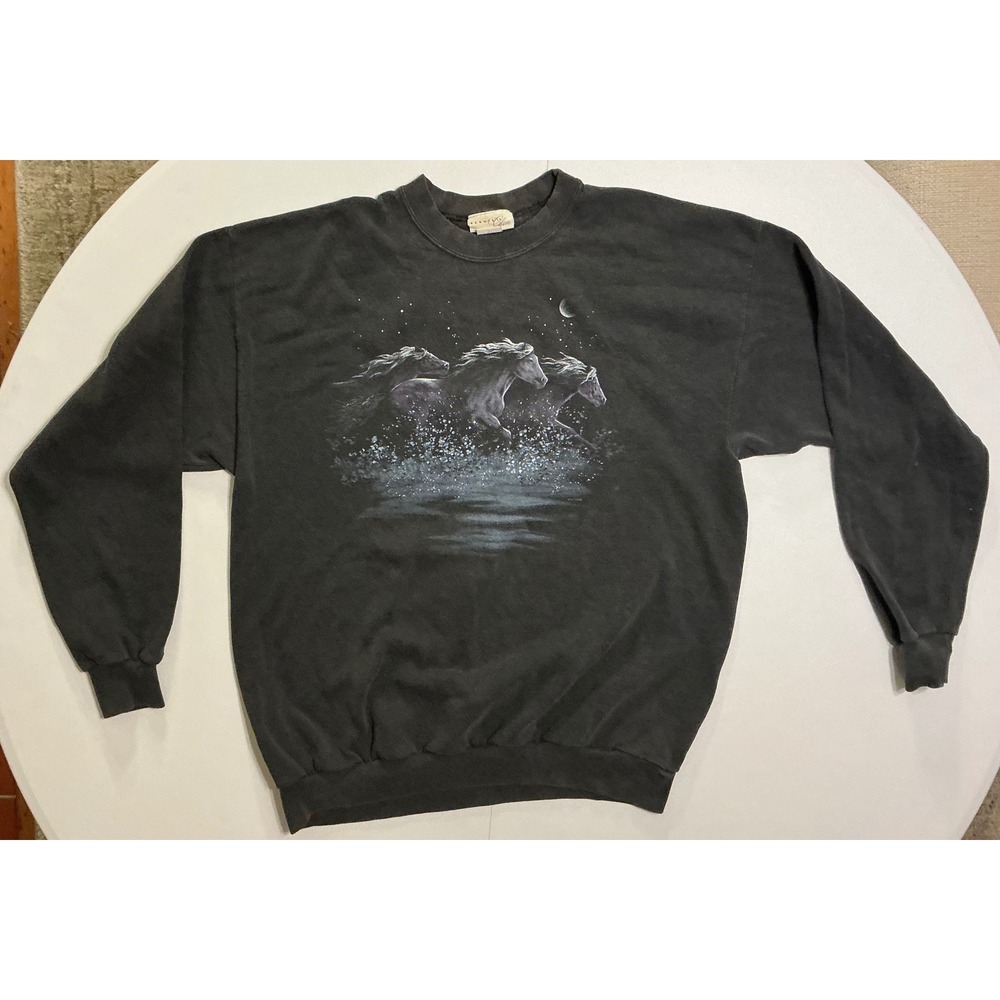 VTG USA Made Horse Galloping Water Sweatshirt Crewneck Faded Black XL 90s